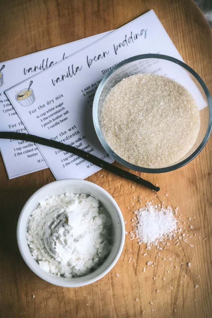 overhead view of the dry ingredients to make vanilla bean pudding mix.