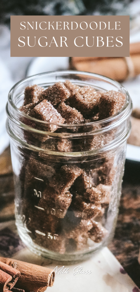 glass mason jar holding golden brown cinnamon sugar cubes with cinnamon sticks in the foreground and christmas tree in the back.