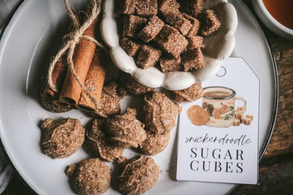 vintage enamelware plate with ornament-shaped christmas sugar cubes next to a bowl of smaller cubes and a bundle of cinnamon sticks.