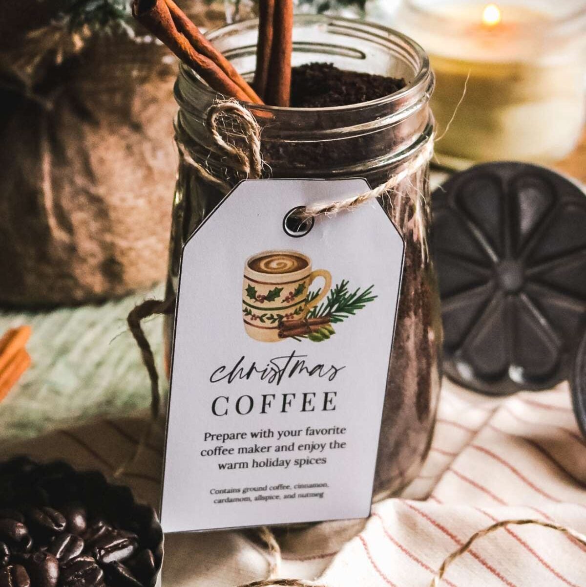 close up view of a printable gift tag on a mason jar of homemade christmas coffee.