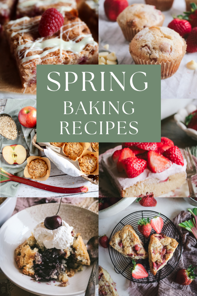 pinterest image with a collage of 6 spring baking recipes including strawberry cake, cherry cobbler, strawberry rhubarb scones, raspberry blondies, strawberry muffins, and more.